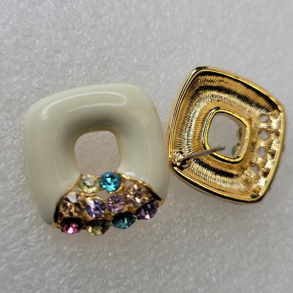 White Square Earrings With colorful Crystals - Picture 4 of 7